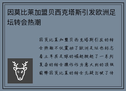 因莫比莱加盟贝西克塔斯引发欧洲足坛转会热潮 因莫比莱加盟贝西克塔斯引发欧洲足坛转会热潮